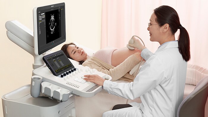 a healthcare professional performing a scan on a woman