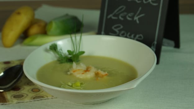 Leek and potato soup with prawns